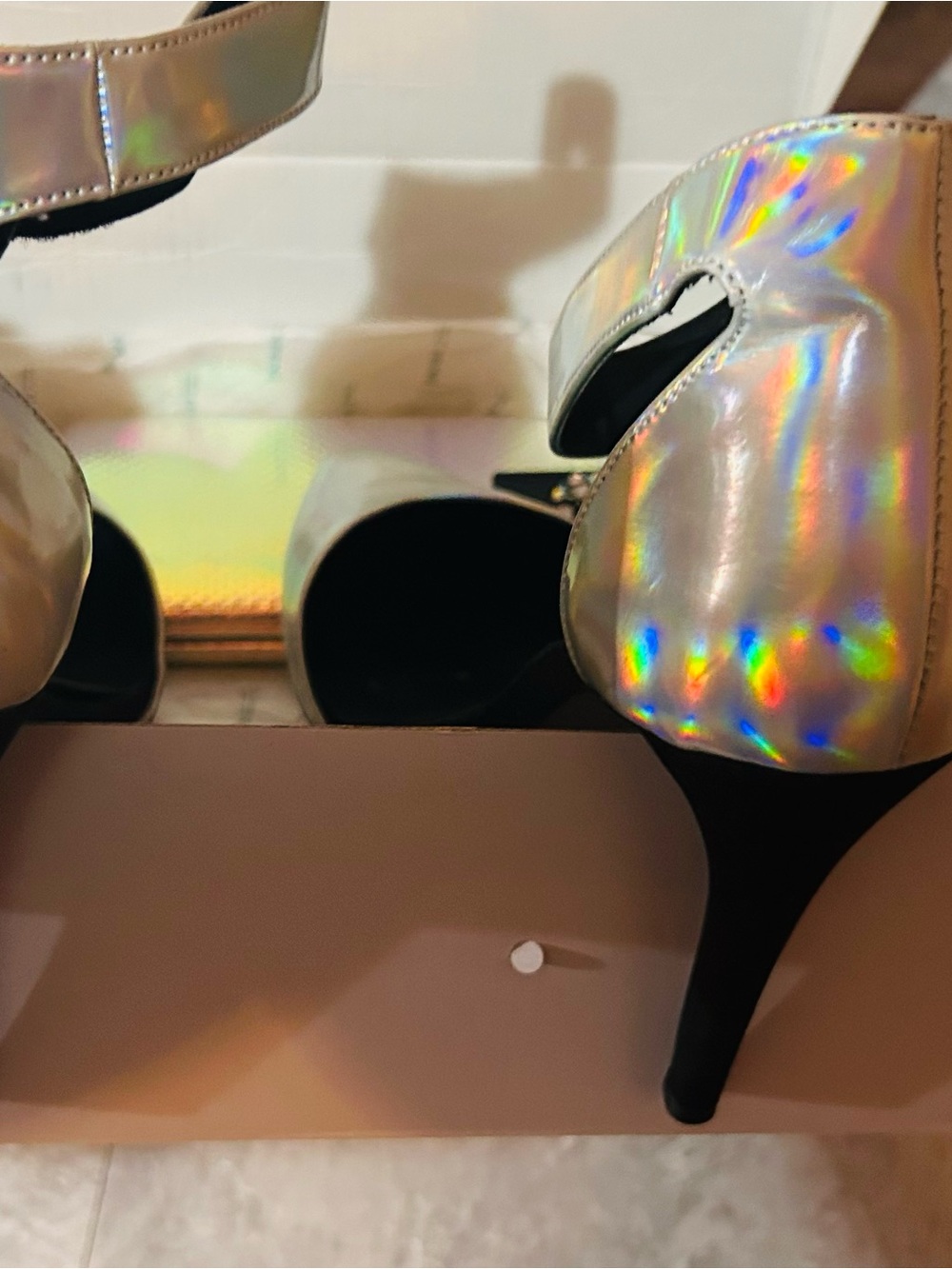 Holographic Silver Ankle-Strap Heels with Wallet and earrings